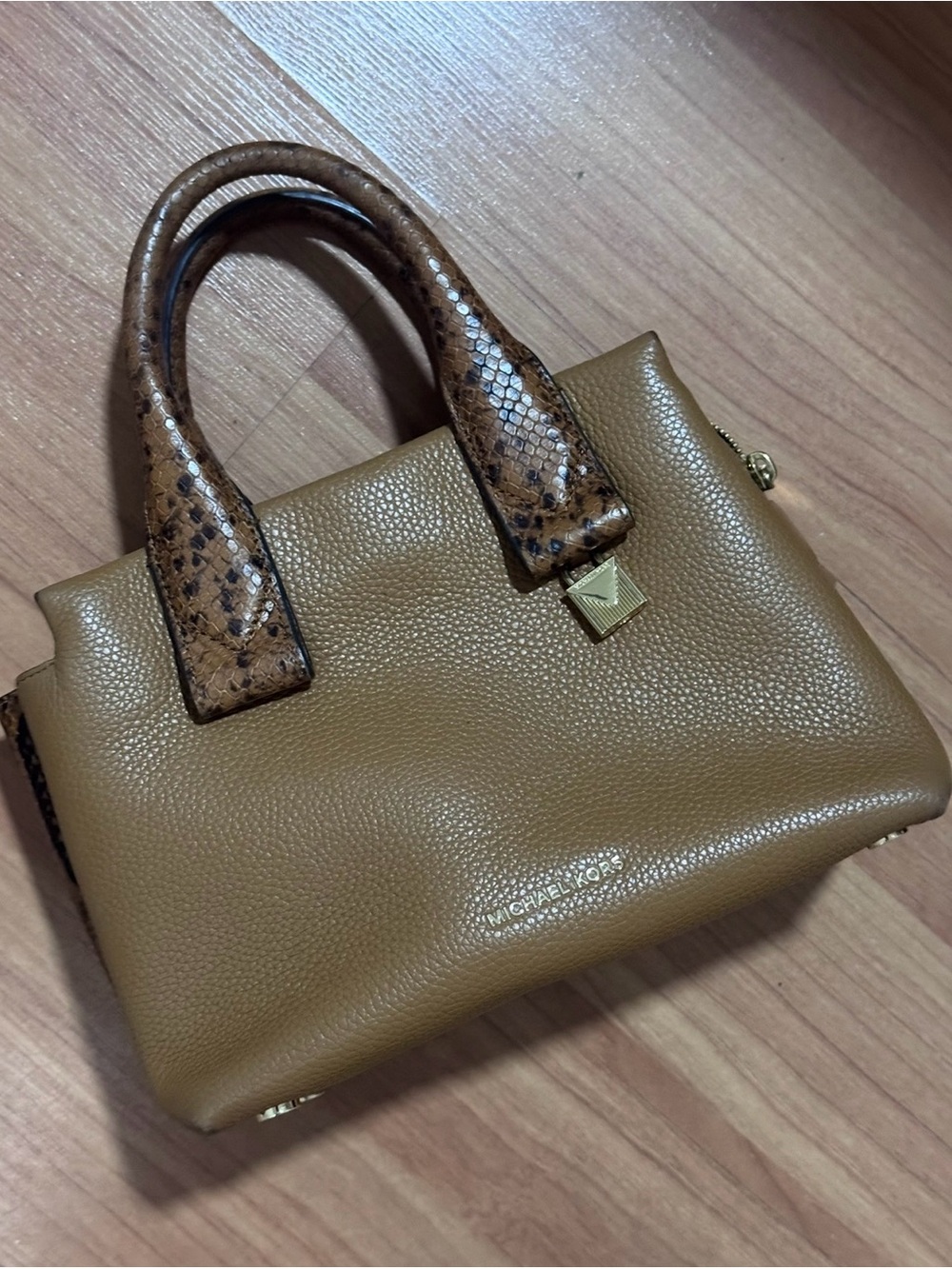 Michael Kors Brown Pebbled Leather Mini Satchel Snake Print Handles